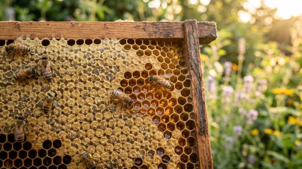 Wooden beehive frame covered in honeycomb with honeybees working