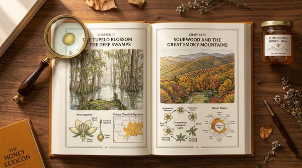 Open book about honey with magnifying glass and jar on wooden desk