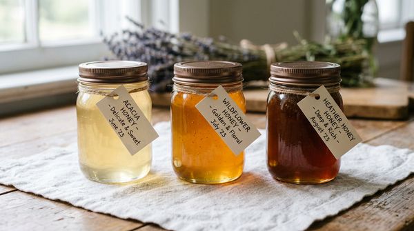 Three glass jars of honey from pale gold to deep amber on white linen