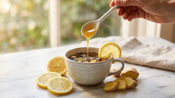 Ceramic spoon drizzling golden honey into herbal tea with ginger and lemon