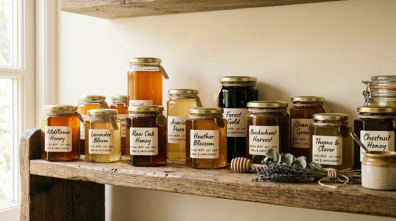 Artisan honey jars on rustic wooden shelf