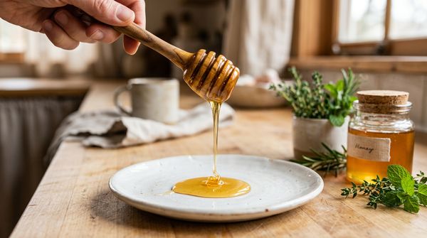 Wooden honey dipper drizzling golden honey onto a white ceramic plate