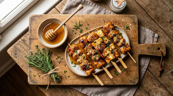 Rustic cutting board with honey-glazed food and golden honey bowl