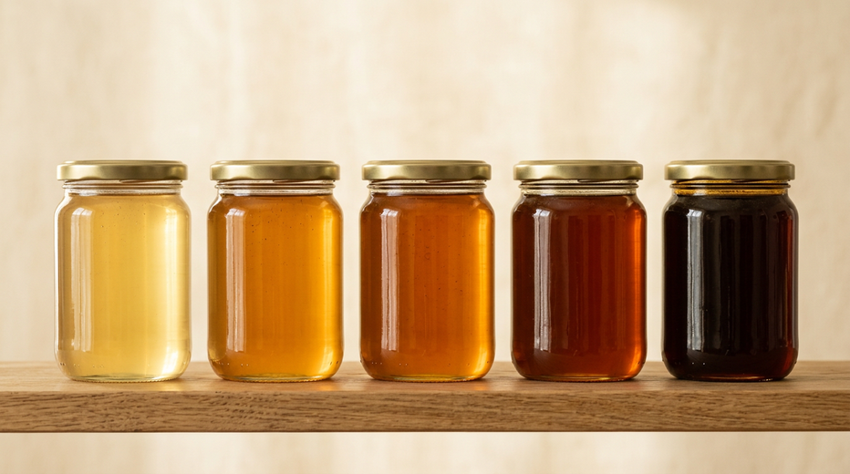 Five honey jars arranged from pale gold to deep dark amber